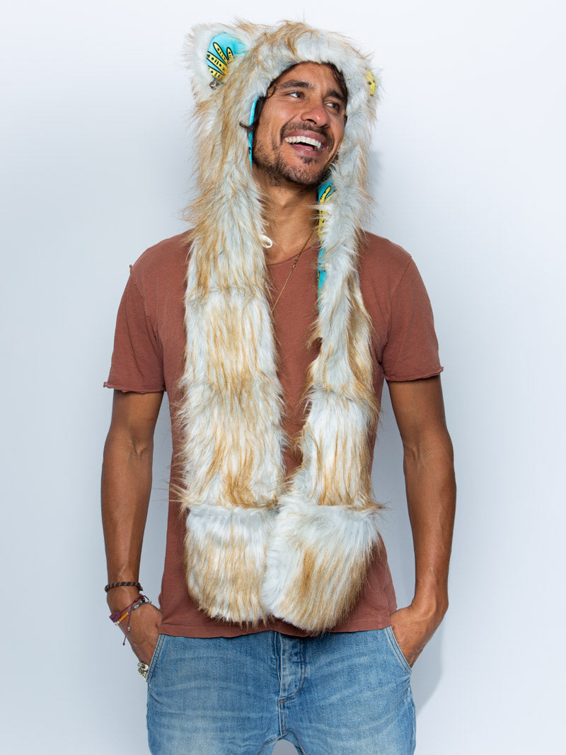 Man wearing Golden Hamsa Bear Collector Edition Faux Fur SpiritHood, front view 2