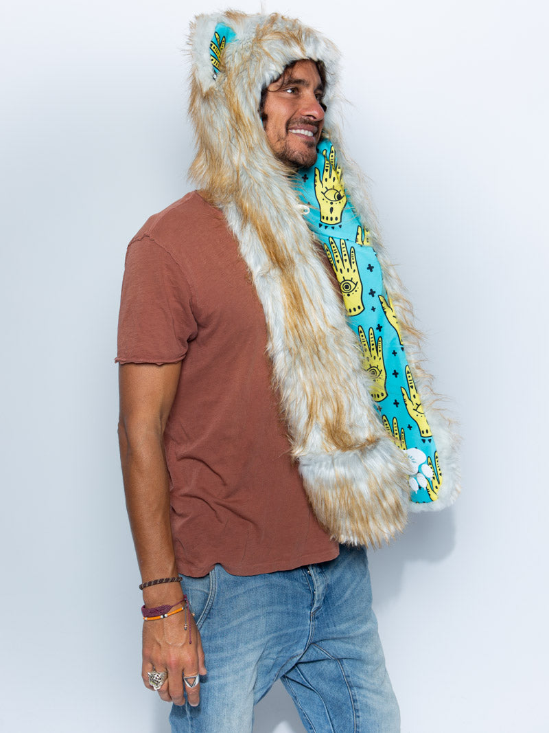 Man wearing Golden Hamsa Bear Collector Edition Faux Fur SpiritHood, side view 3