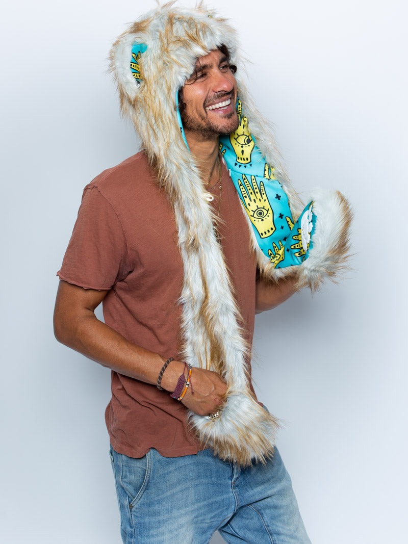 Man wearing Golden Hamsa Bear Collector Edition Faux Fur SpiritHood, side view 1
