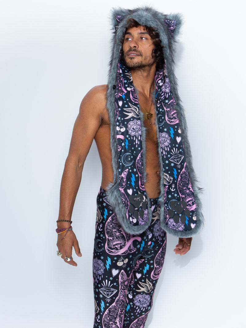 Man wearing faux fur Sacred Sailor Cat Collector SpiritHood, side view