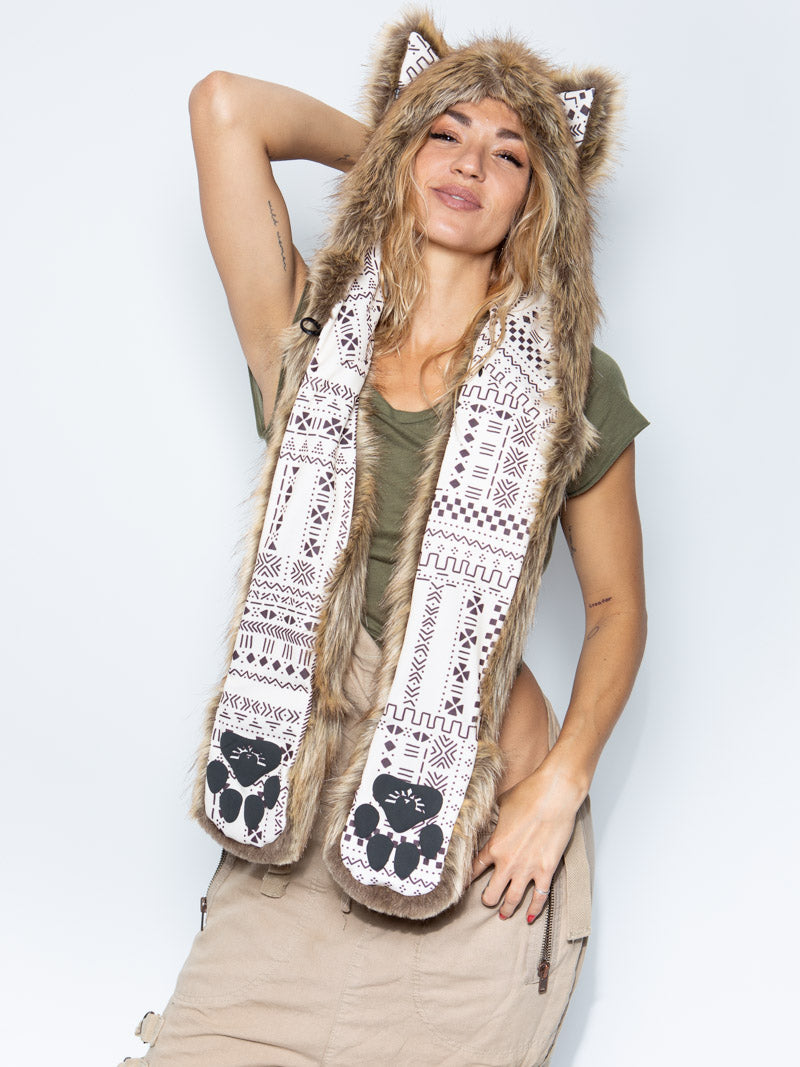 Woman wearing Coyote Collector Edition Faux Fur SpiritHood, front view 3