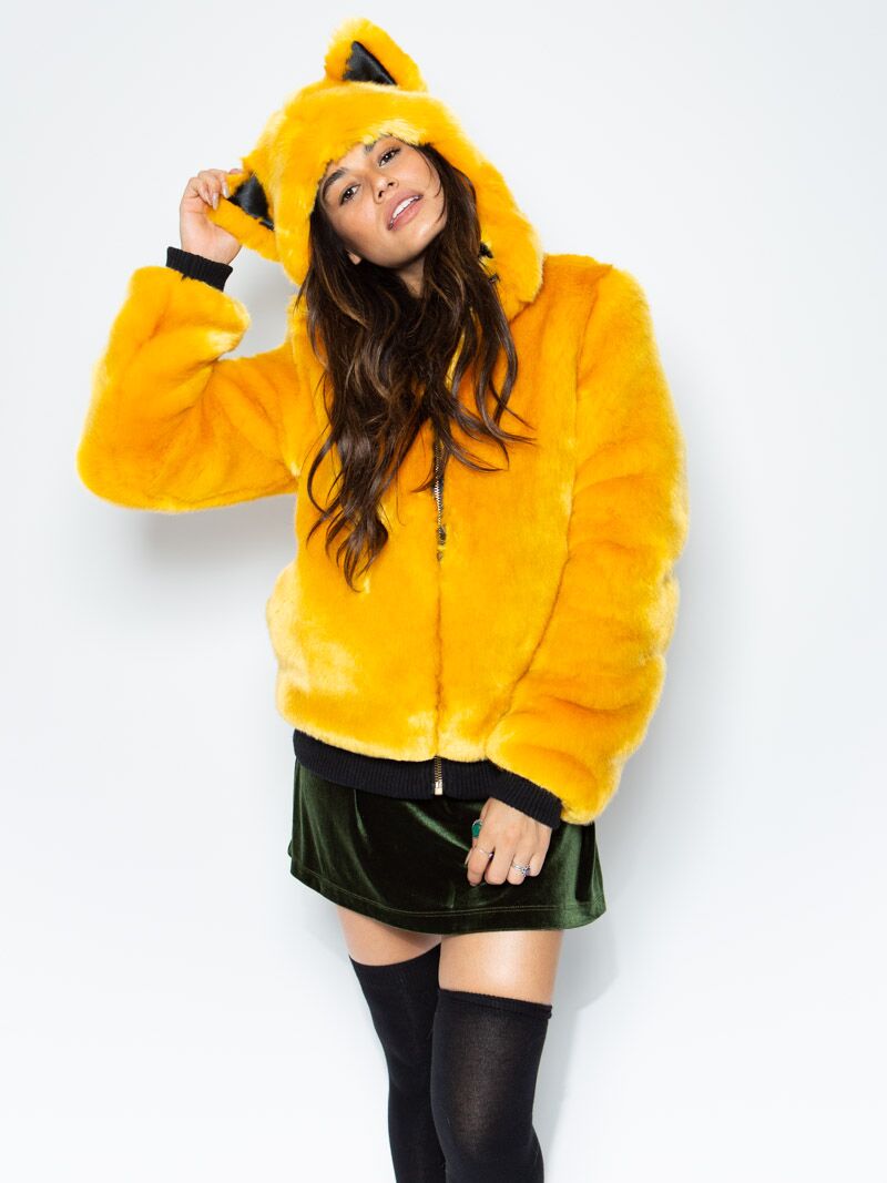 Woman wearing faux fur Golden Wolf Luxe Classic Bomber Jacket, front view