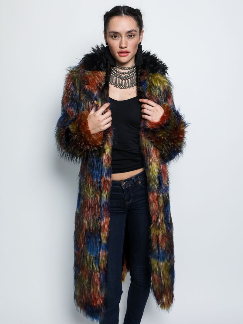 Woman Wearing Parrot Calf Length Collared Faux Fur Coat