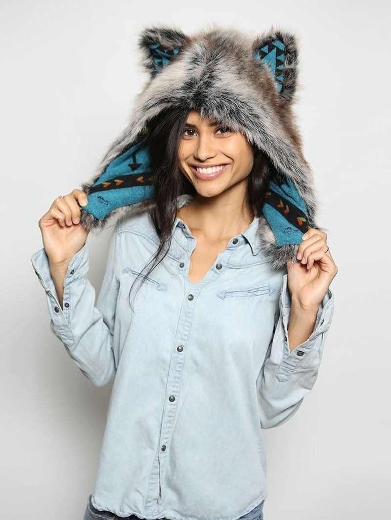 Female Wearing Grey Wolf Half Hood