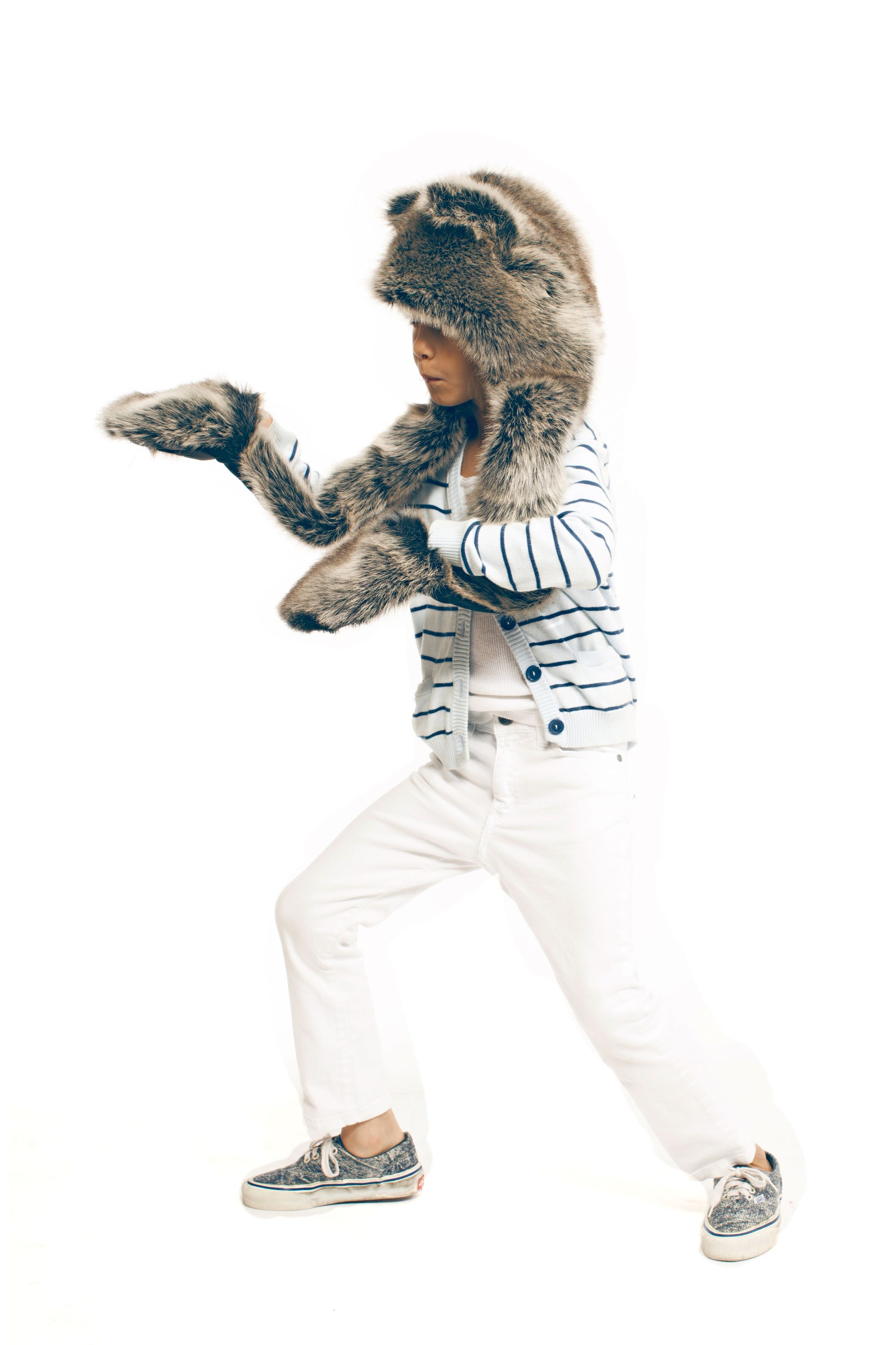 Kids Faux Fur SpiritHood in Grey Wolf Design on Girl