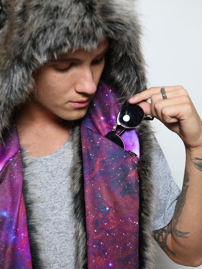 Man wearing faux fur Black Milk Galaxy Wolf Collectors Edition SpiritHood, front view 2