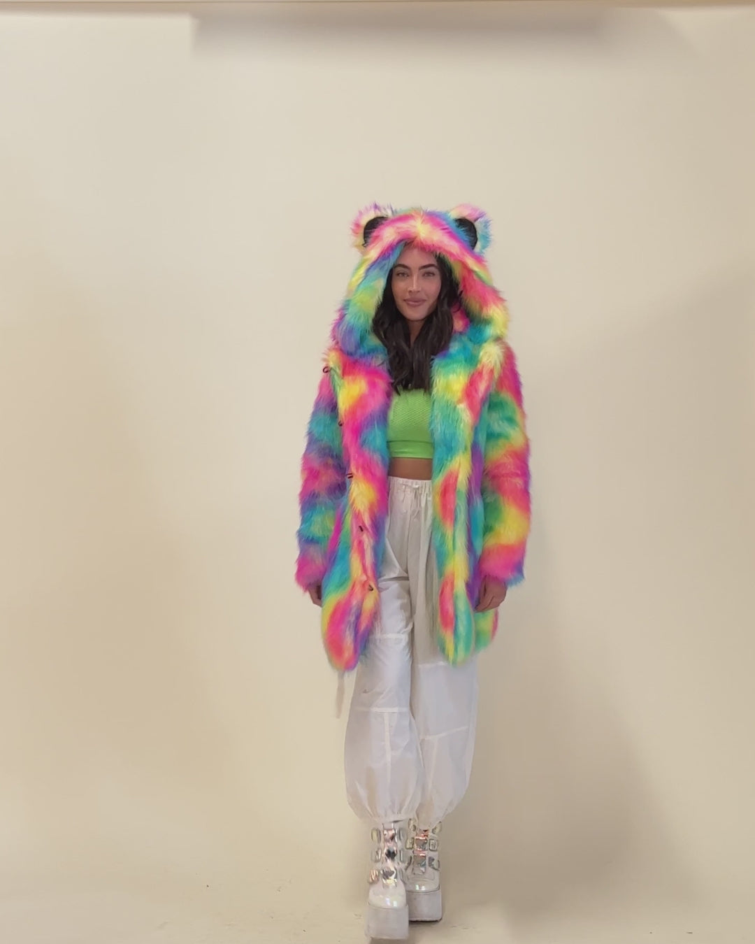 Colorful Faux Fur Coat Womens | Rainbow Bear - SpiritHoods