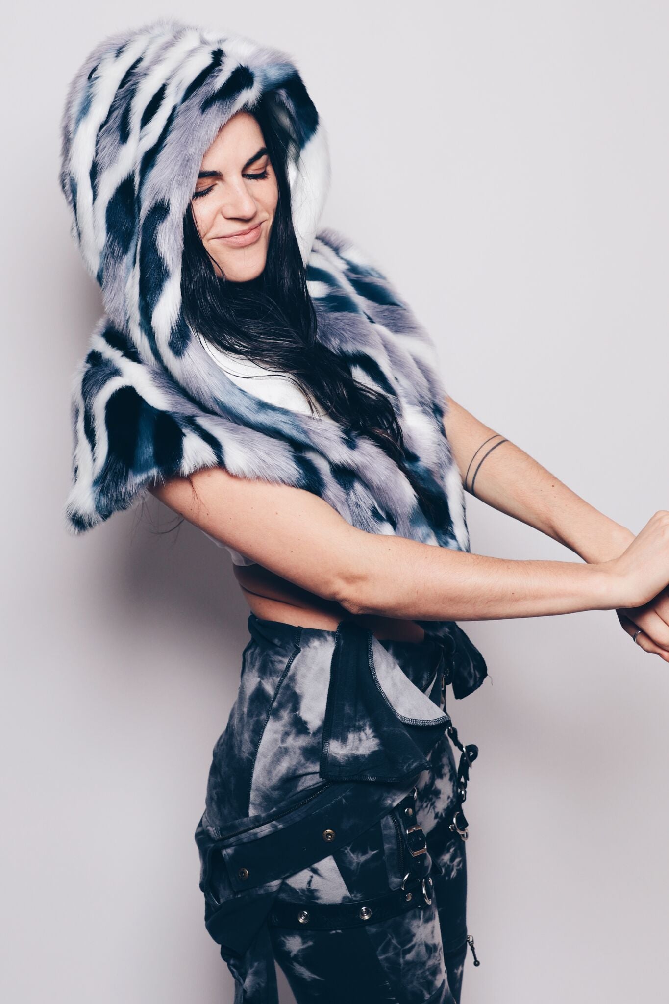 Hooded Faux Fur Shawl with LE Winter Blue Jay Design
