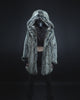 Woman wearing Grey Wolf Hooded Faux Fur Coat, full view