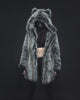 Video Featuring Design Details of Hooded Faux Fur Coat with Grey Wolf Design on Model