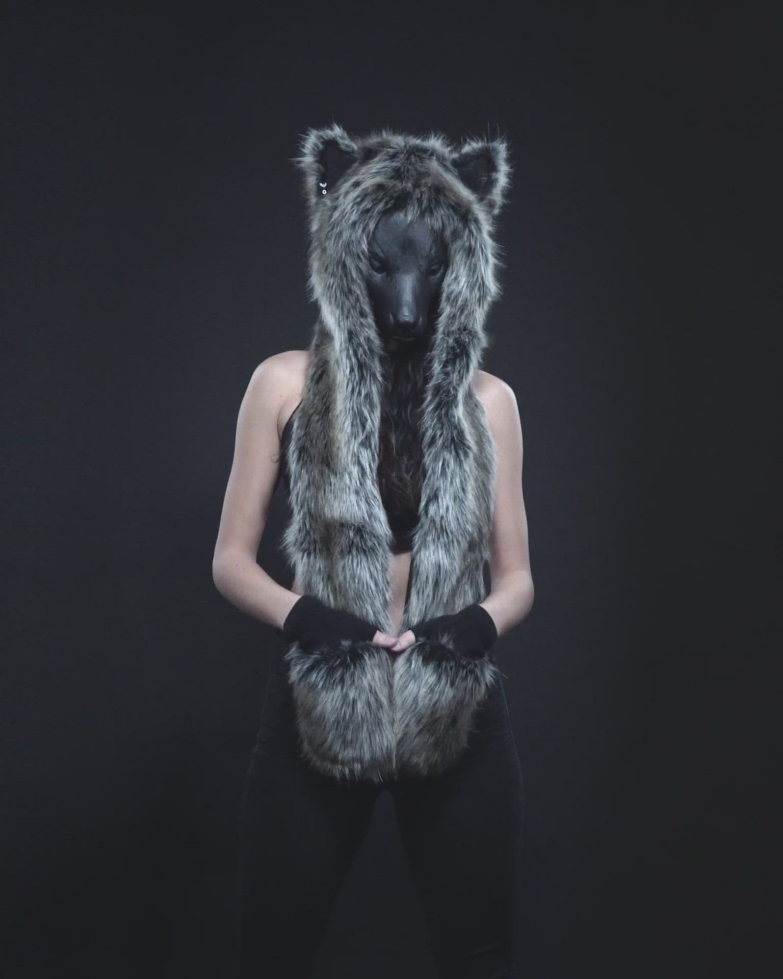 Woman wearing Grey Wolf Faux Fur Hood, full view