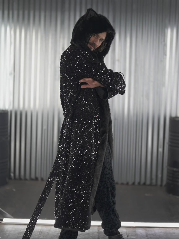 Sequin Black Panther Classic Faux Fur Style Robe | Men's - SpiritHoods