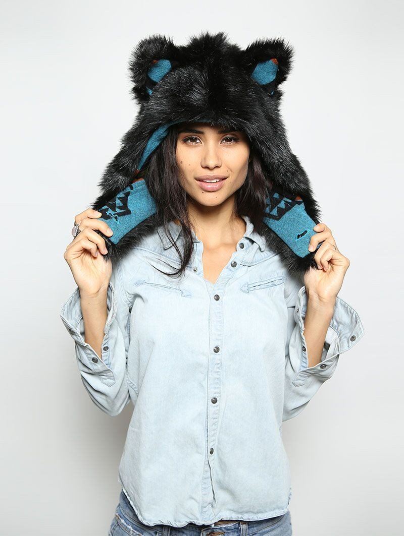 Woman wearing Black Wolf Faux Fur Half Hood, front view 5
