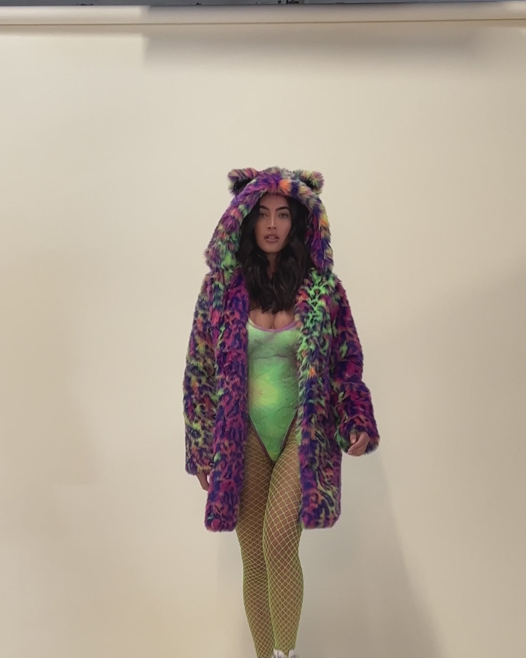 Neon Disco Kitty Classic Faux Fur Coat | Women's