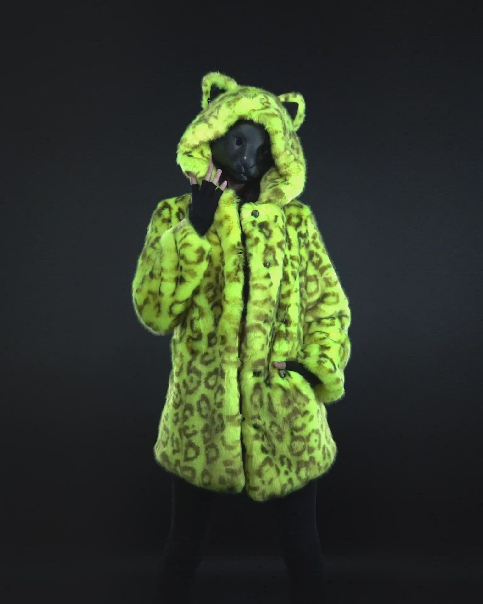 Mens Faux Fur Coat with Hood and Ears | Neon Yellow Leopard