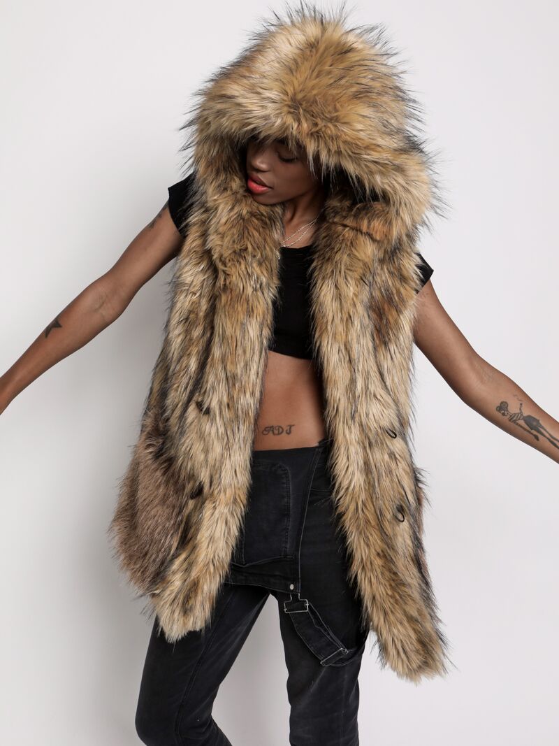 Hooded Golden Jackal Faux Fur Vest on Female Model