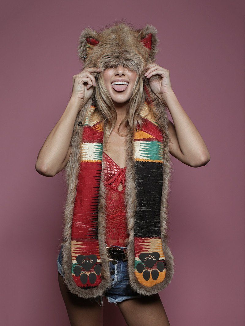 Woman wearing Coyote CE Faux Fur SpiritHood, front view