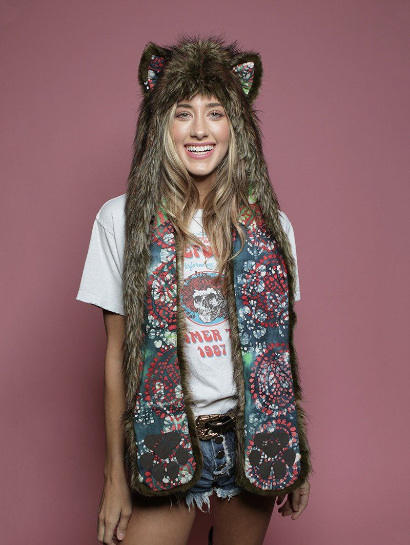 Woman wearing faux fur Limited Edition Forest Fox SpiritHood, front view 2