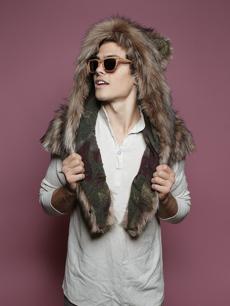 Man wearing Grizzly Italy Faux Fur SpiritHood Shawl, front view