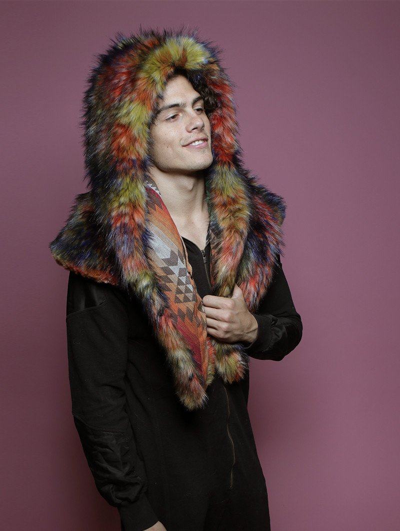 Man wearing faux fur Parrot Shawl Collector Edition SpiritHood, side view 3