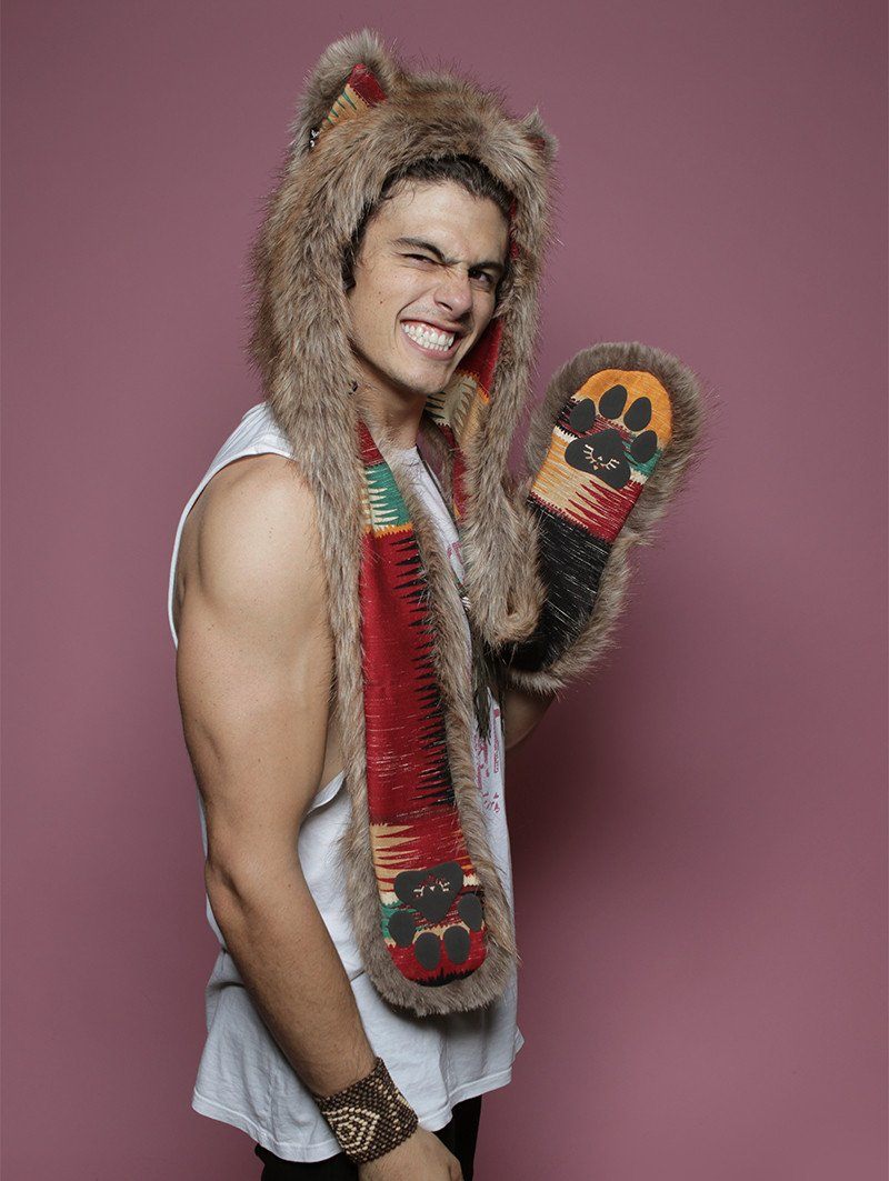 Man wearing faux fur Coyote CE SpiritHood, side view 1