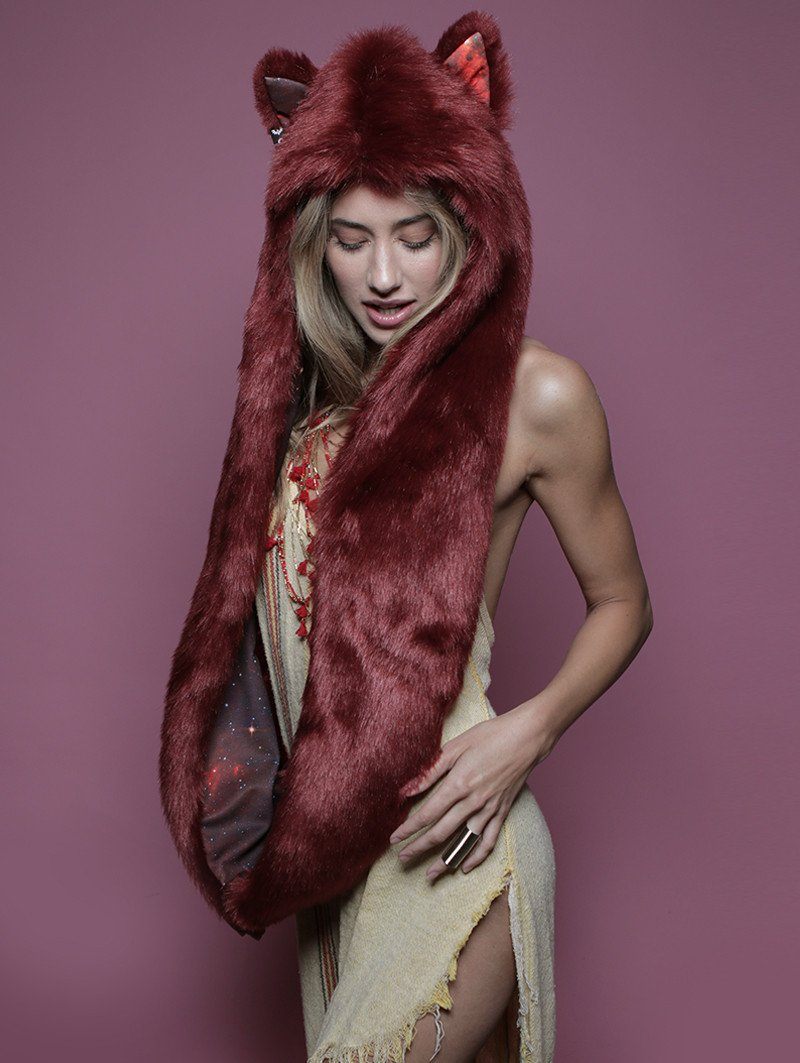 Woman wearing faux fur Fire Galaxy Wolf Infinity SpiritHood, side view