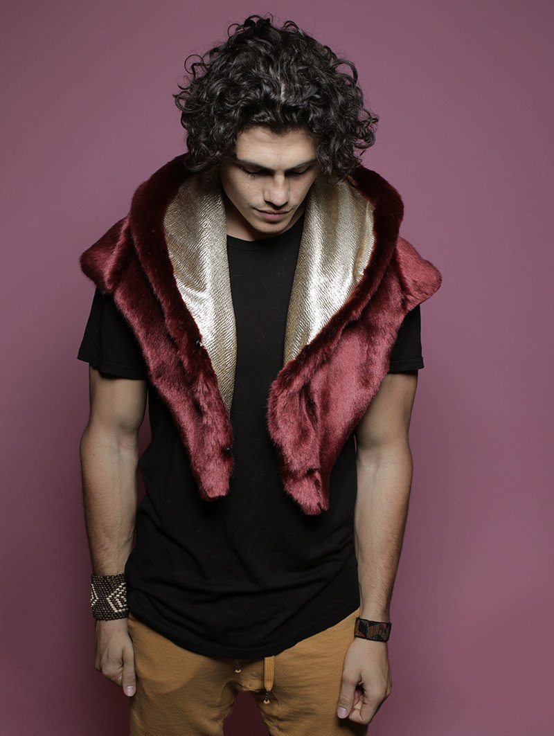 Man wearing faux fur Limited Edition Fire Wolf Shawl SpiritHood