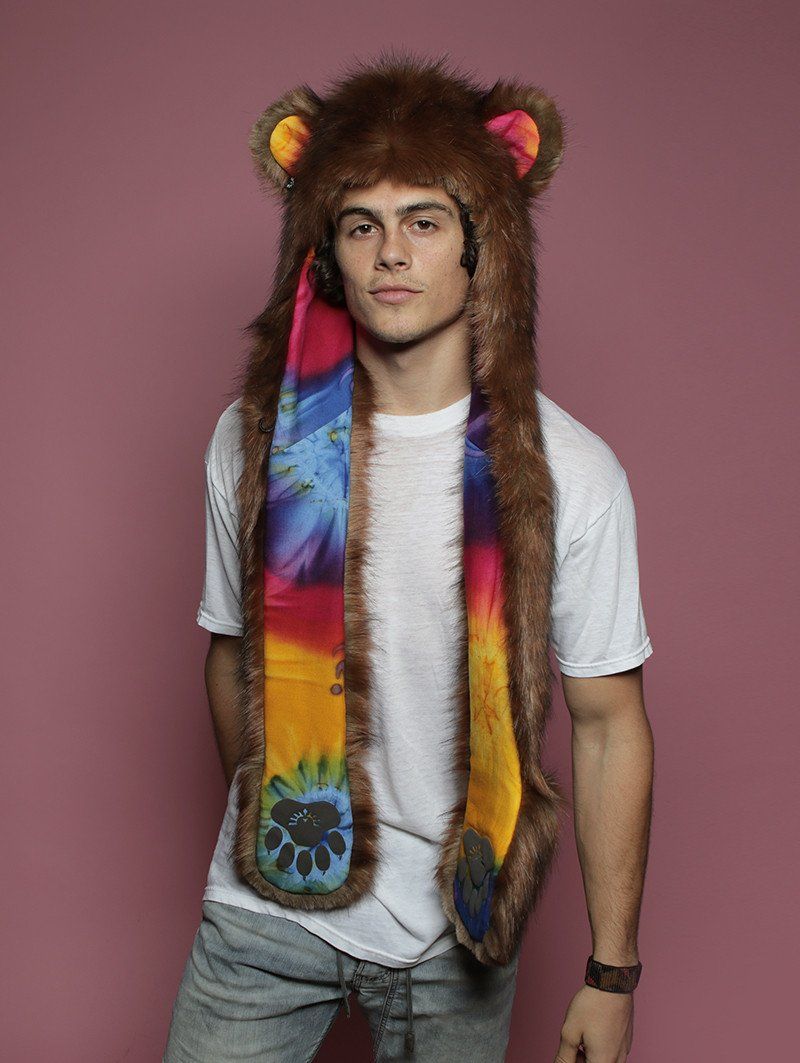 Man wearing faux fur Golden Rainbow Bear CE SpiritHood