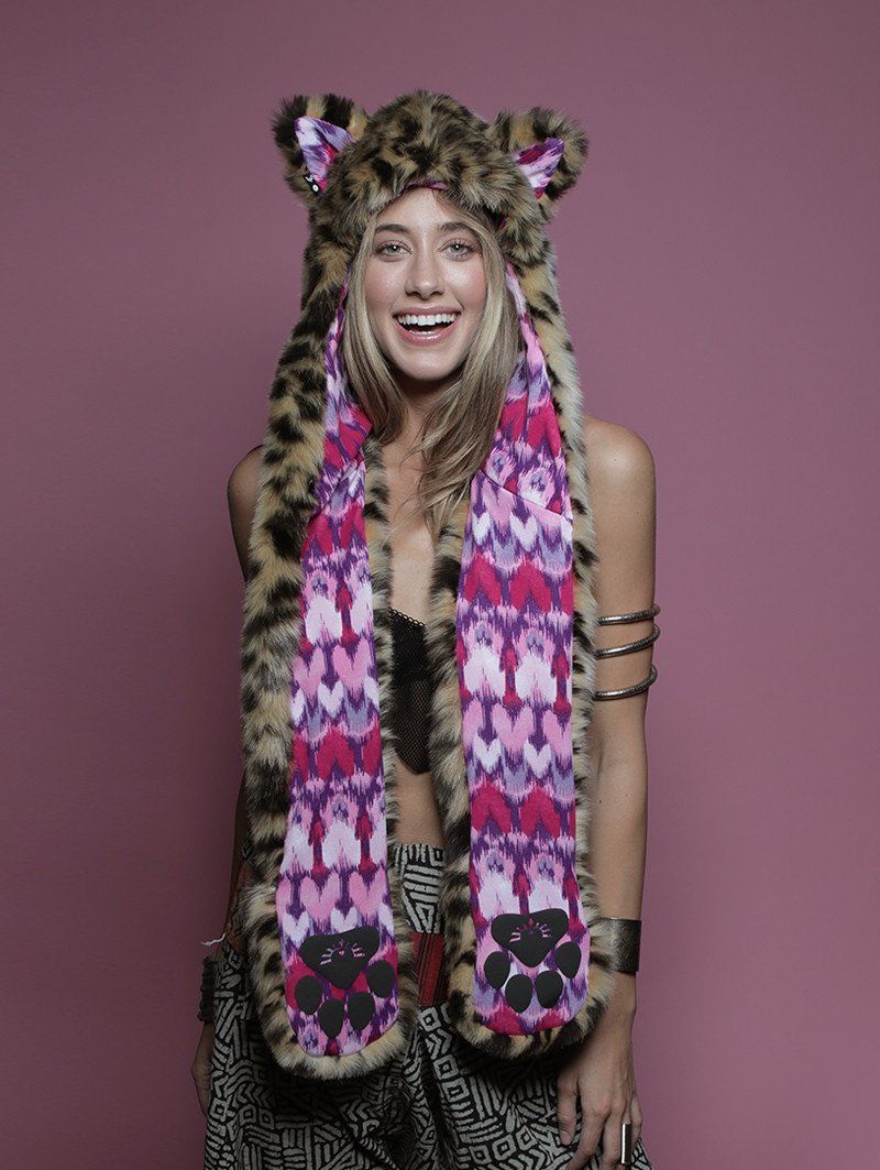 Woman wearing faux fur Cheetah LOVE SpiritHood, front view 1