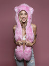 Woman wearing faux fur Cheer Bear Collector Edition SpiritHood