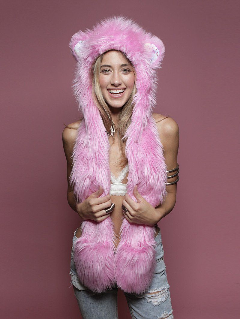 Woman wearing faux fur Cheer Bear Collector Edition SpiritHood