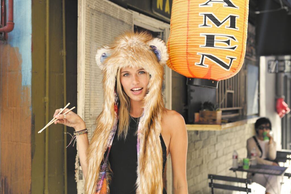 Woman wearing faux fur Adventure Spirit Bear Collectors Edition Unisex SpiritHoods, front view 4