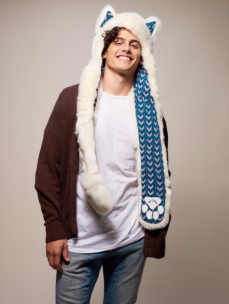 Man wearing faux fur Arctic Wolf CE SpiritHood, front view 3