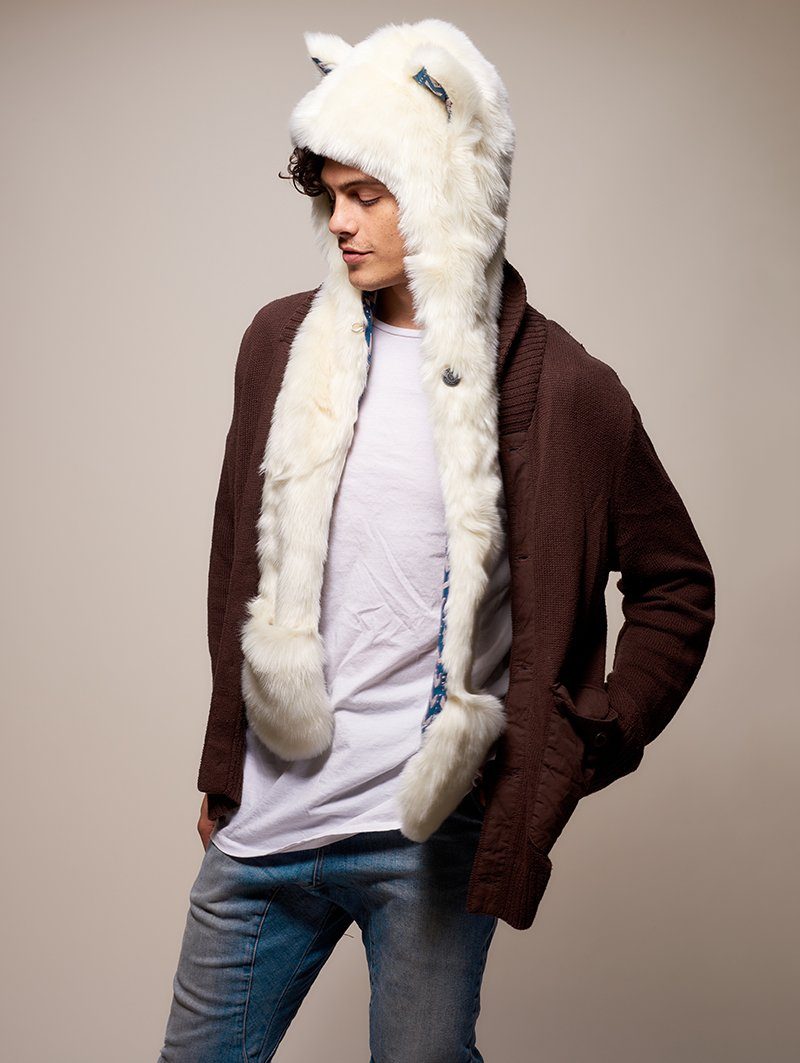Man wearing faux fur Arctic Wolf CE SpiritHood, side view 3
