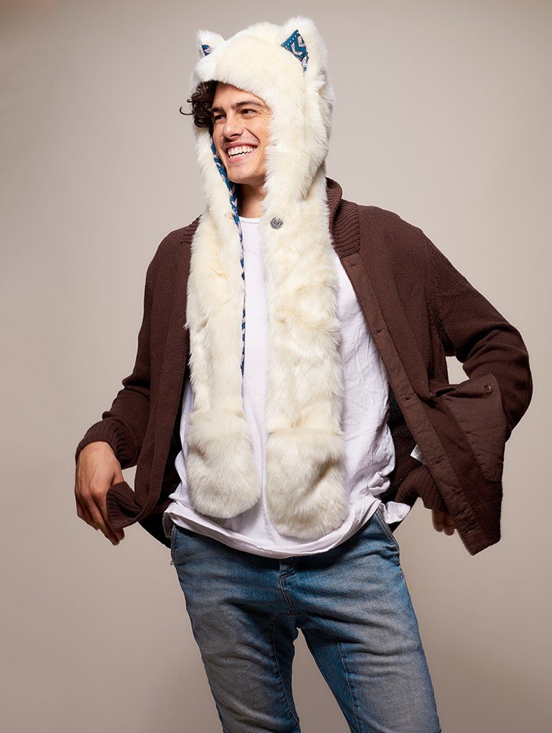 Man wearing faux fur Arctic Wolf CE SpiritHood, front view 1