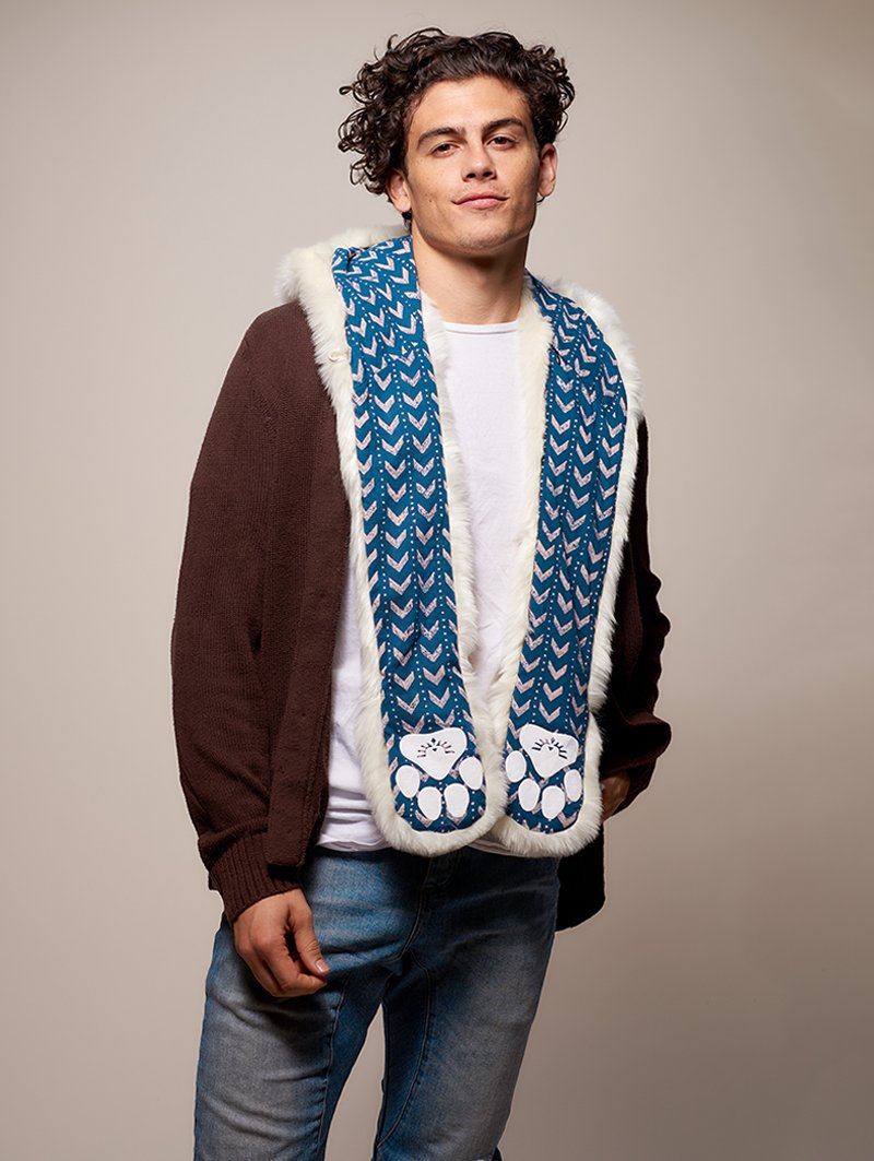 Man wearing faux fur Arctic Wolf CE SpiritHood, front view 2