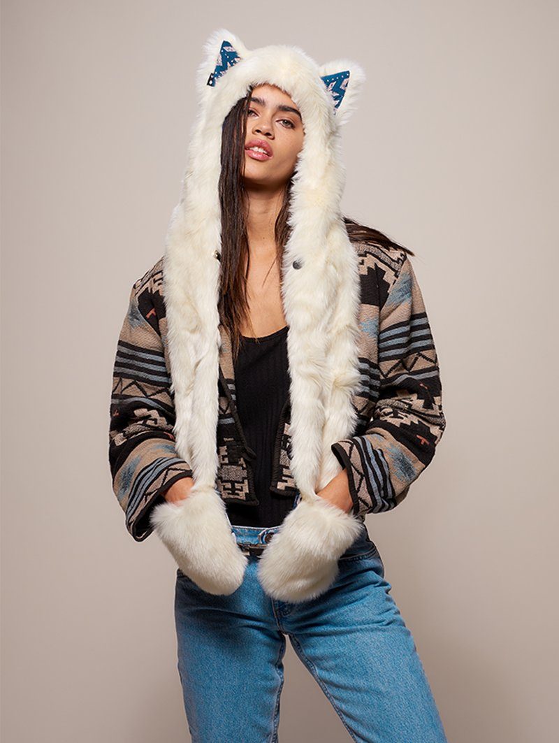 Woman wearing faux fur Arctic Wolf CE SpiritHood, front view