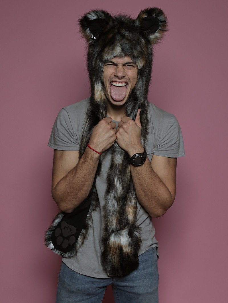 Man wearing faux fur African Wild Dog Collector SpiritHood, front view 4