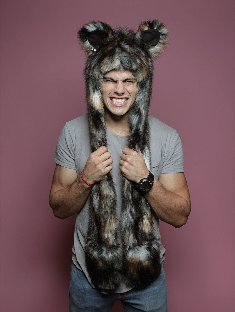 Man wearing faux fur African Wild Dog Collector SpiritHood, front view 2