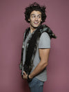 Man wearing faux fur African Wild Dog Collector SpiritHood, side view 3