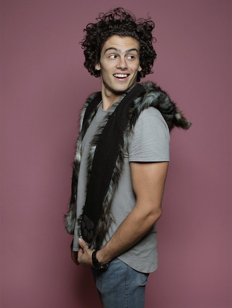 Man wearing faux fur African Wild Dog Collector SpiritHood, side view 3