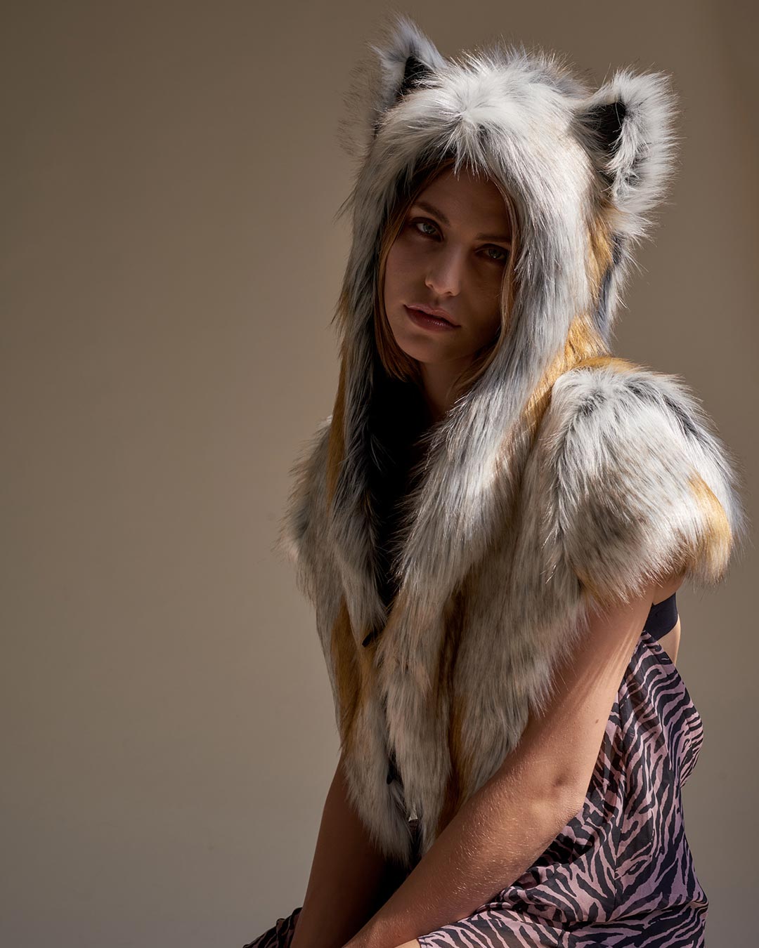 Woman wearing Arctic Fox Collector Edition Faux Fur Shawl, front view 6