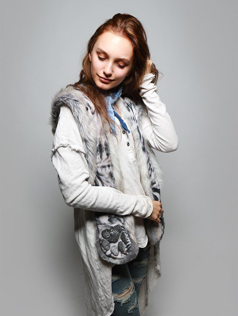 Woman wearing faux fur Arctic Fox Collector SpiritHood, side view 1