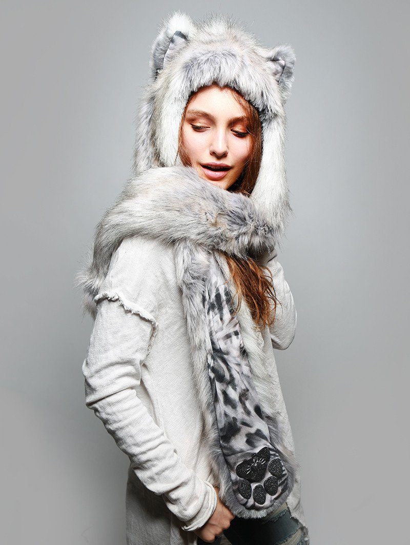 Woman wearing faux fur Arctic Fox Collector SpiritHood, side view 2