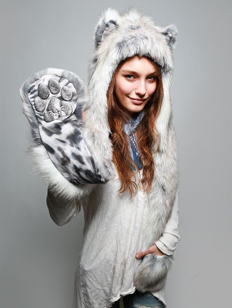 Woman wearing faux fur Arctic Fox Collector SpiritHood, side view