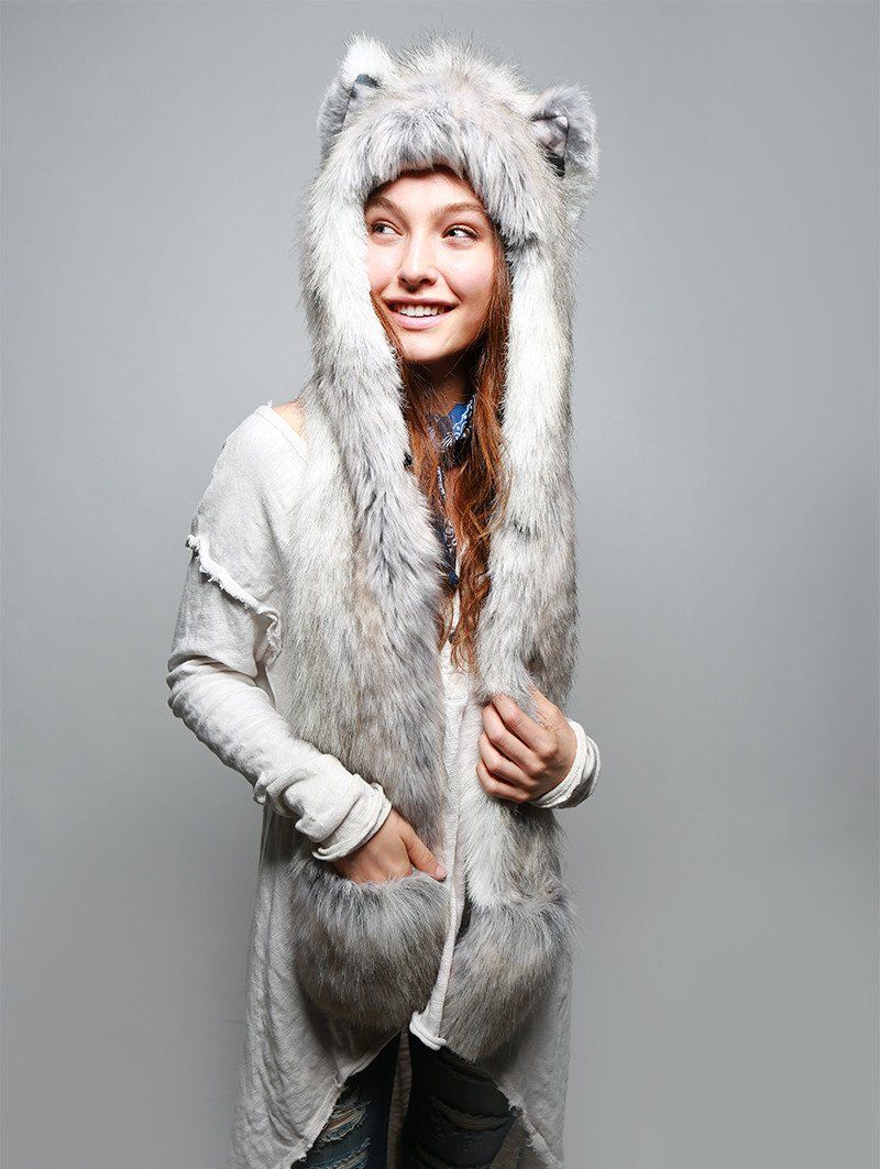 Woman wearing faux fur Arctic Fox Collector SpiritHood, side view 3