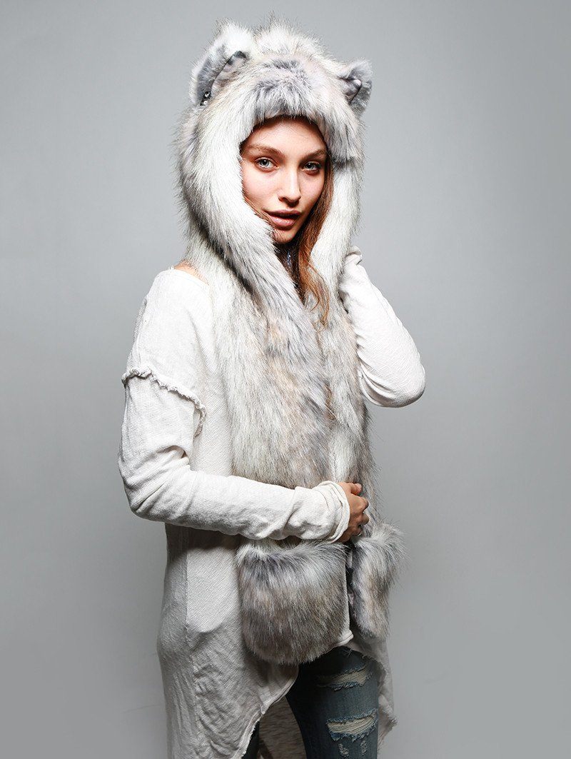 Woman wearing faux fur Arctic Fox Collector SpiritHood, side view 4