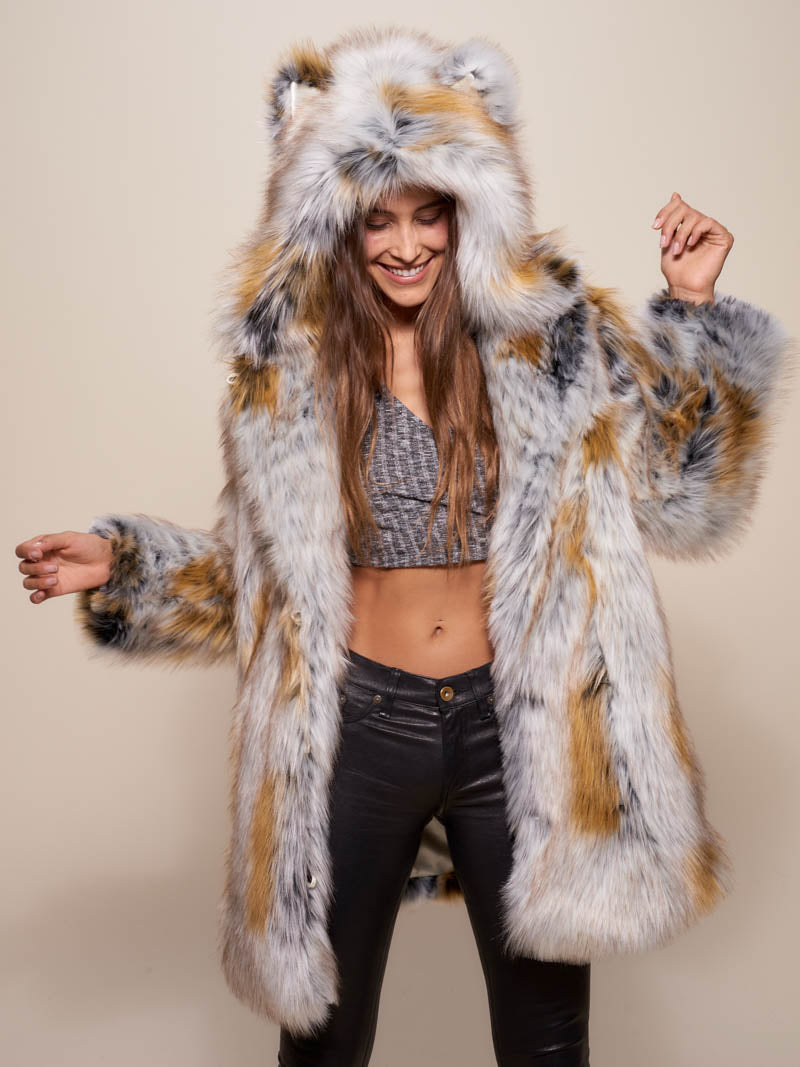 Woman wearing Arctic Fox Classic Faux Fur Coat, front view 1