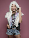 Woman wearing faux fur Limited Edition Arctic Owl Shawl SpiritHood, front view