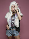 Woman wearing faux fur Limited Edition Arctic Owl Shawl SpiritHood, front view 1